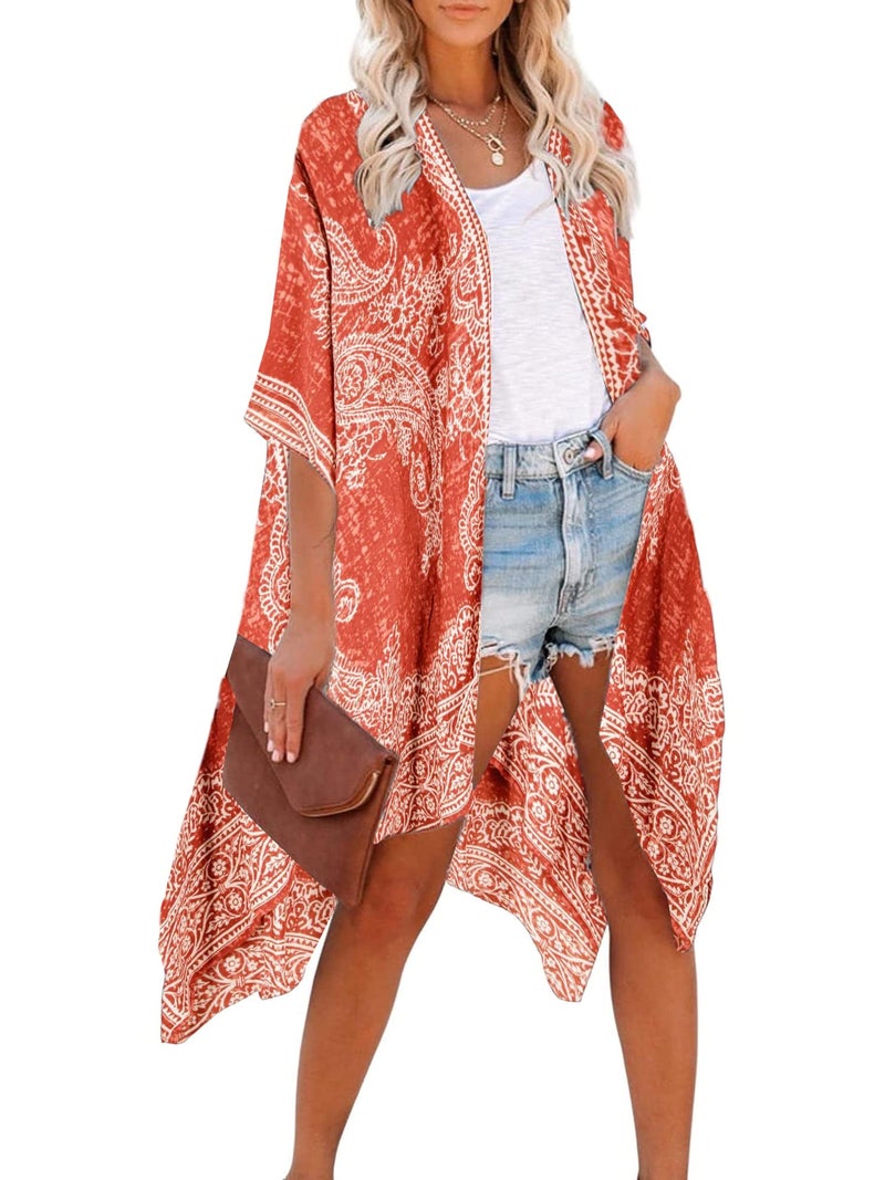 Breezy Lane كيمونو بليزي لين للنساء غطاء سباحة بوهيمي كاردجان صيفي مع طباعة زهور غطاء شاطئ - Image 1